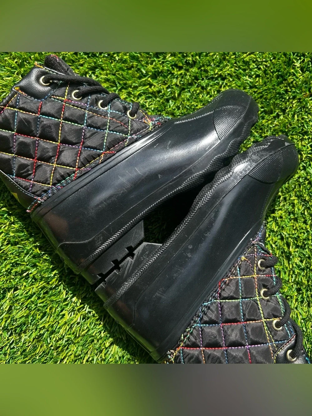 Sperry Port Duck Boots Rainbow Stitching Kids Sz 2 Youth Black Waterproof